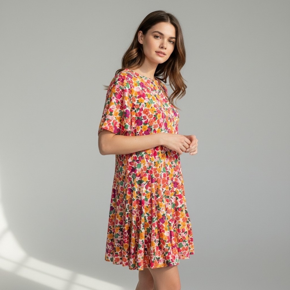 Talulah Floral Mini Dress Pink Orange Yellow Short Sleeve Ruffle Hem Size M
